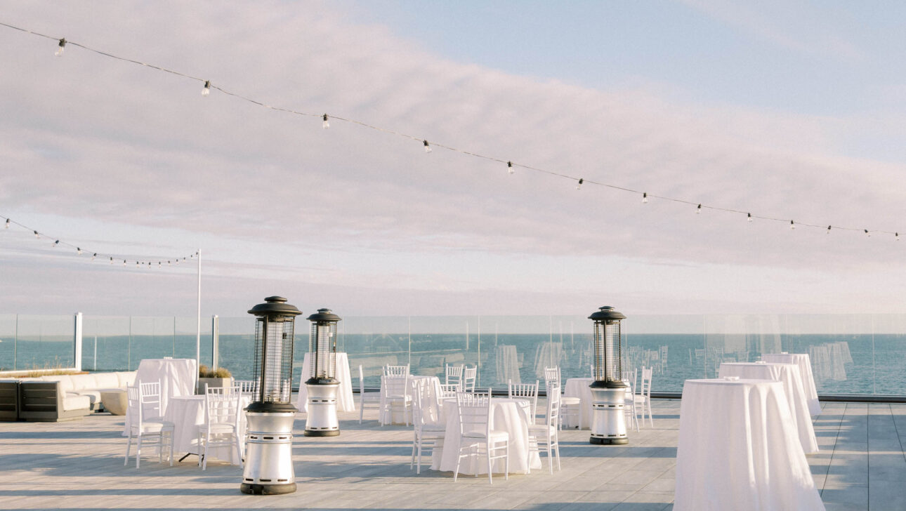 Rooftop deck set up for an event.